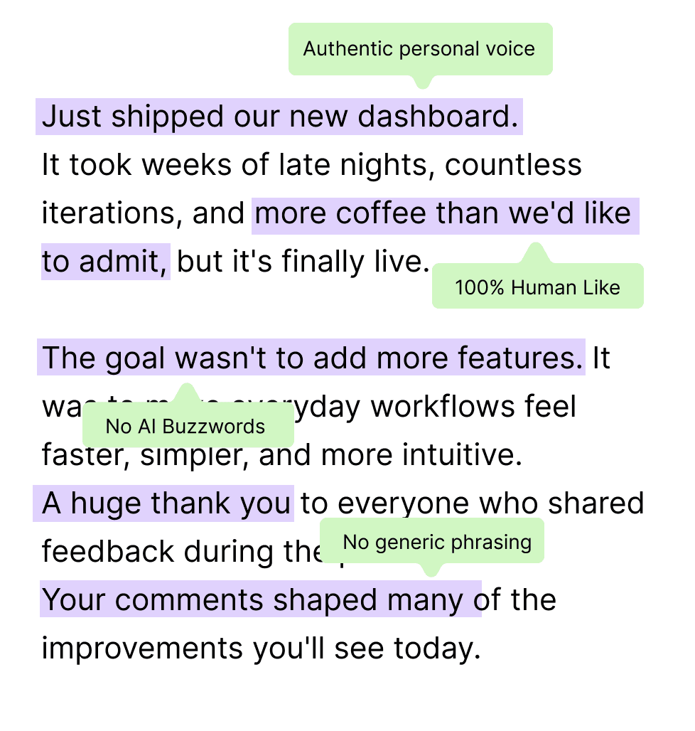 A finished post in your authentic voice with no AI tells